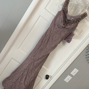 Mon Cheri Mauve Lace Maxi Dress with Beaded Neckline